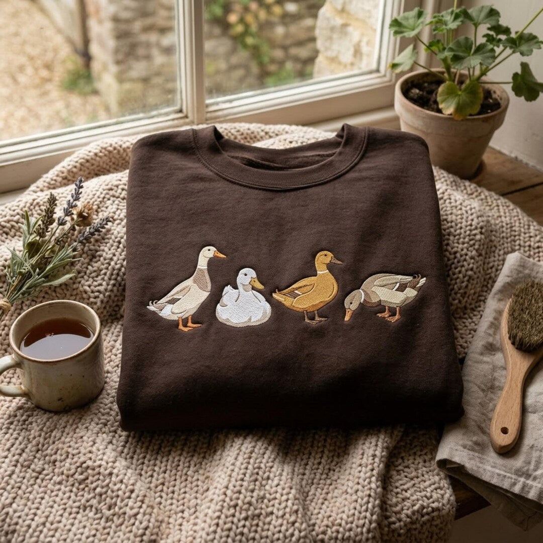 Four Ducks Goose Mallard Cottagecore embroidered sweatshirt — front view