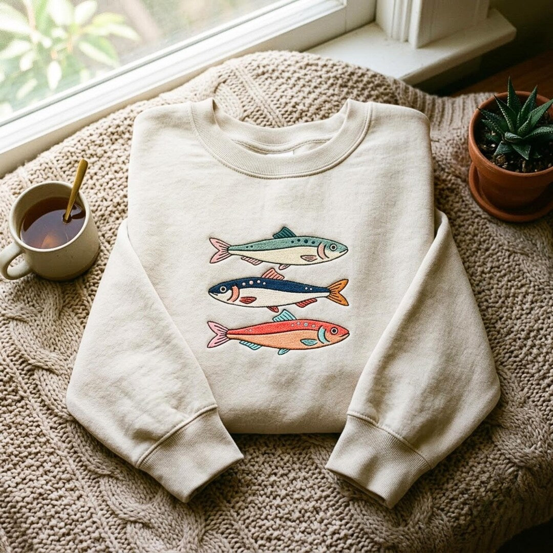 Three Fish Coastal Grandma Fishing Lover embroidered hoodie — front view