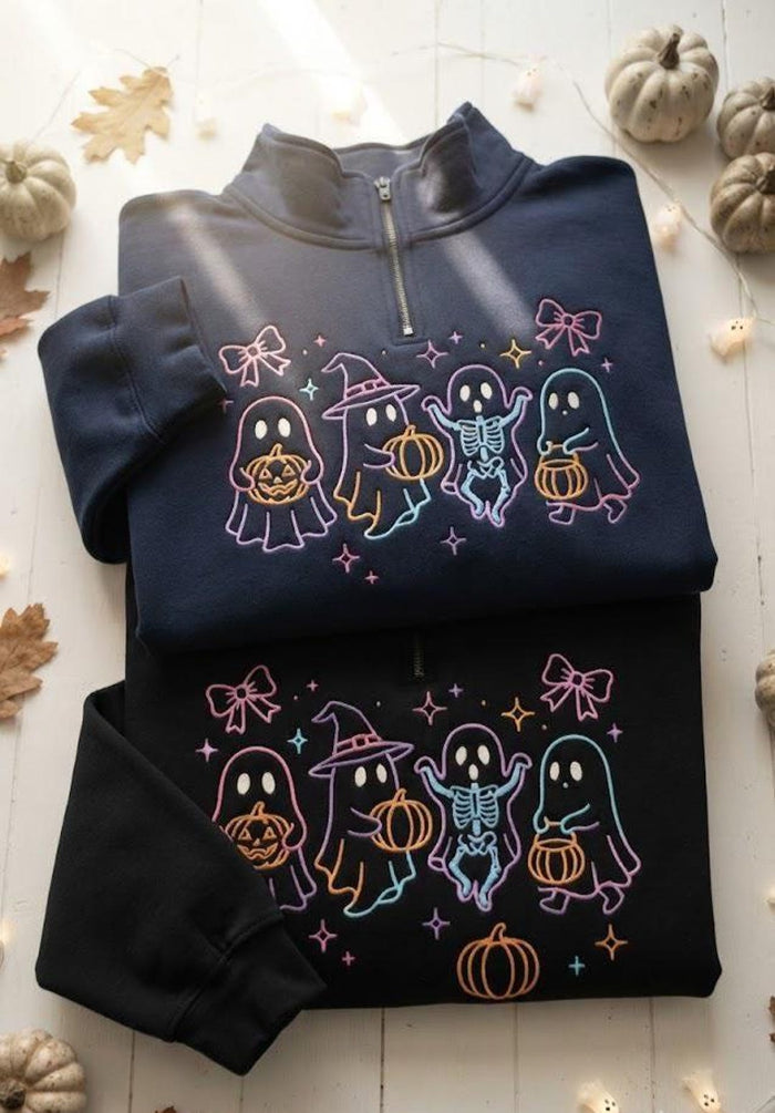 Halloween Coquette Bow Ghost Skeleton Pumpkin Crew Neon Outline Embroidered Hoodie