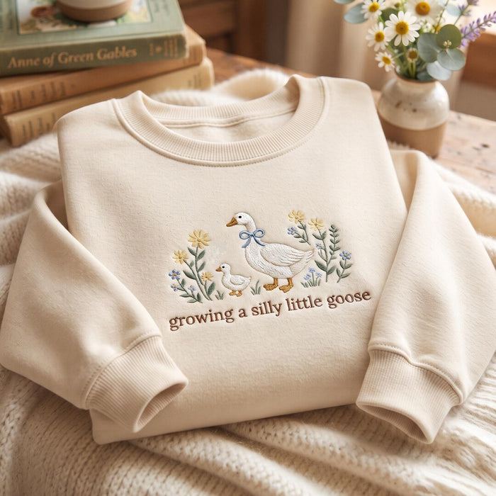 Growing a Silly Little Goose Mama Goose Gosling Wildflowers Pregnancy Embroidered Sweatshirt