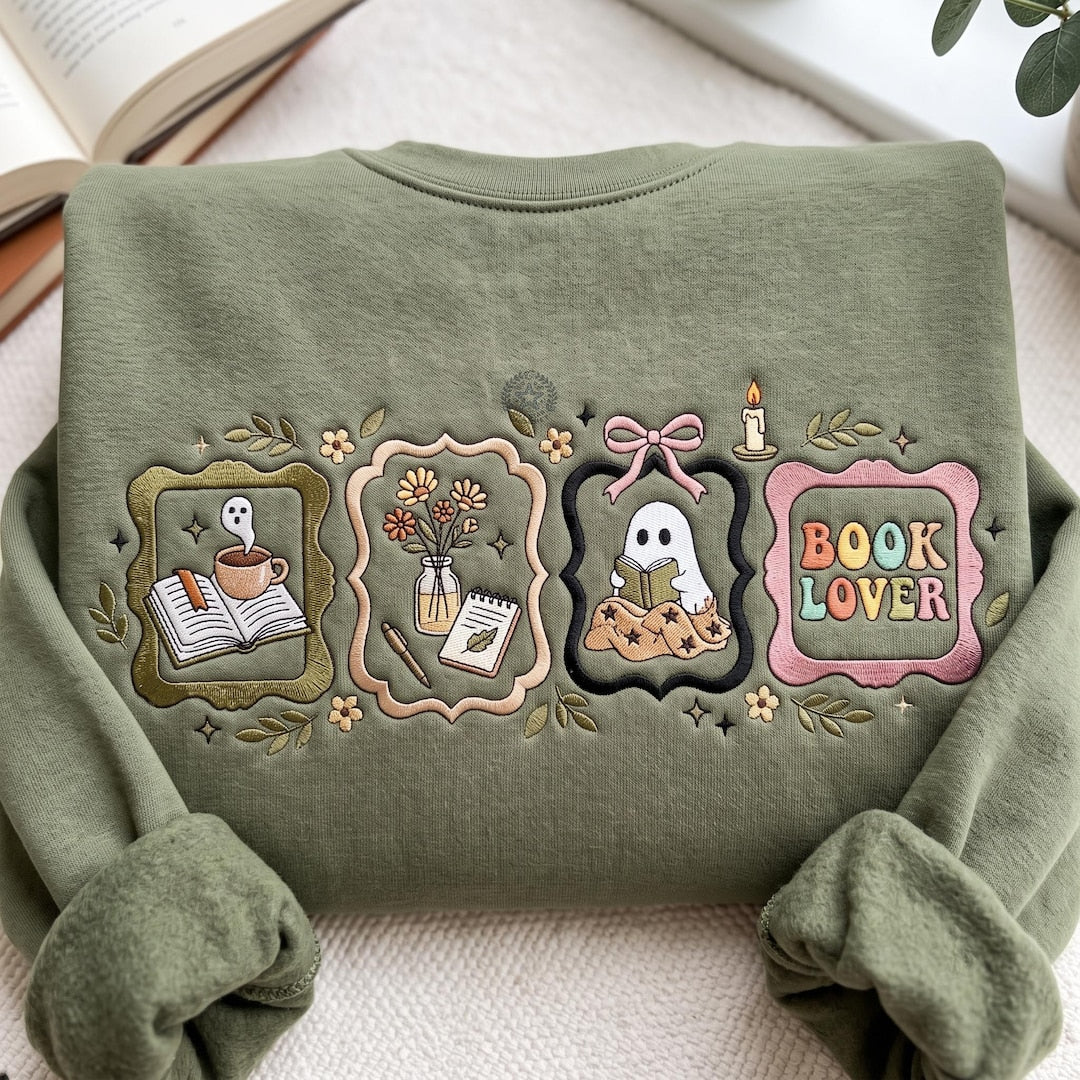 Ghost Book Lover Halloween Coquette Bow Candle Floral Frames embroidered sweatshirt — front view