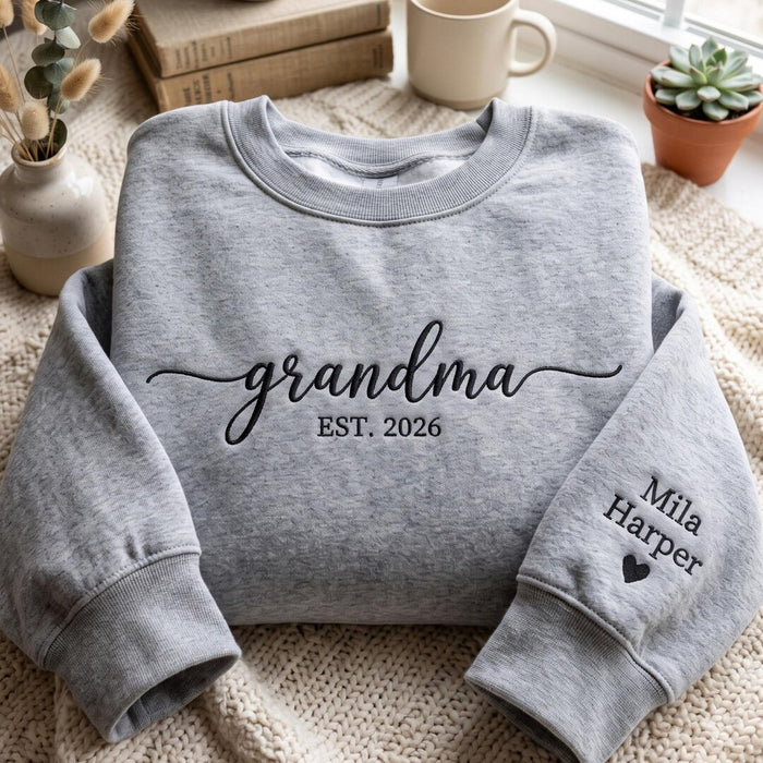 Personalized Grandma EST Year Kids Names Sleeve Heart Minimalist Embroidered Hoodie