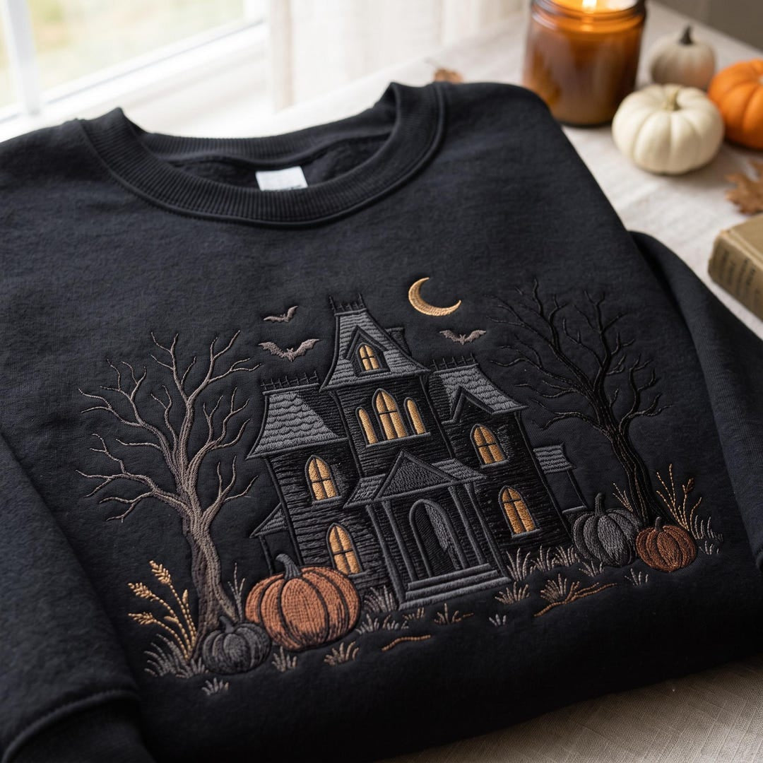 Halloween Haunted House Spooky Trees Bats Pumpkins Moon embroidered sweatshirt — front view