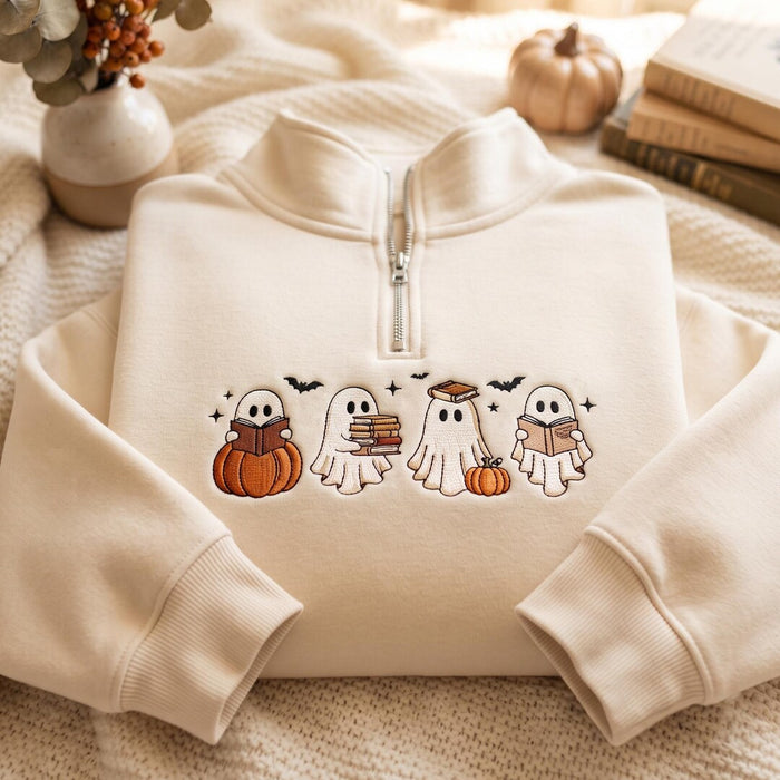 Halloween Four Bookish Ghosts Reading Pumpkins Bats Spooky Season Embroidered Sweatshirt