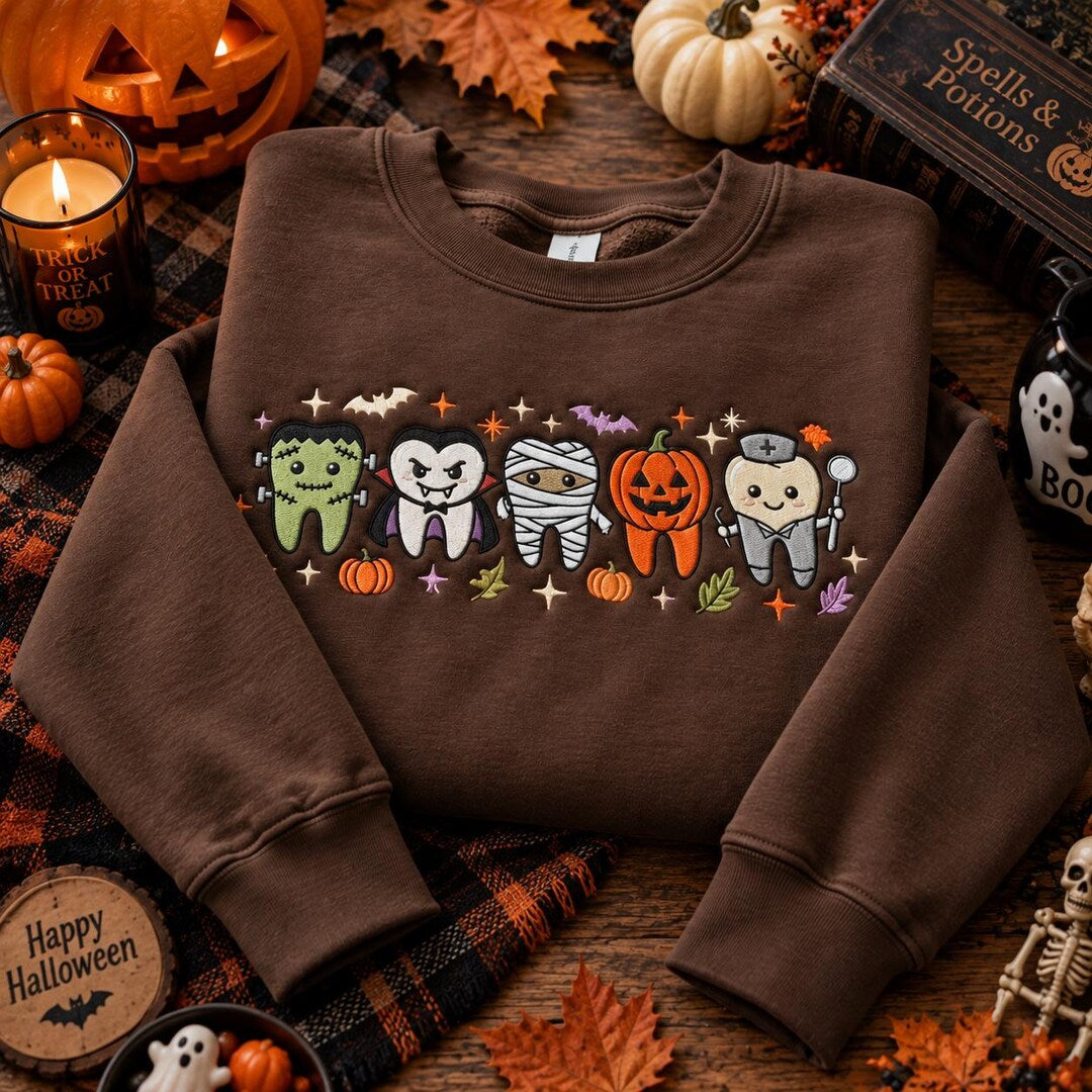 Halloween Spooky Tooth Dentist Hygienist Frankenstein Vampire Mummy Pumpkin embroidered sweatshirt — front view