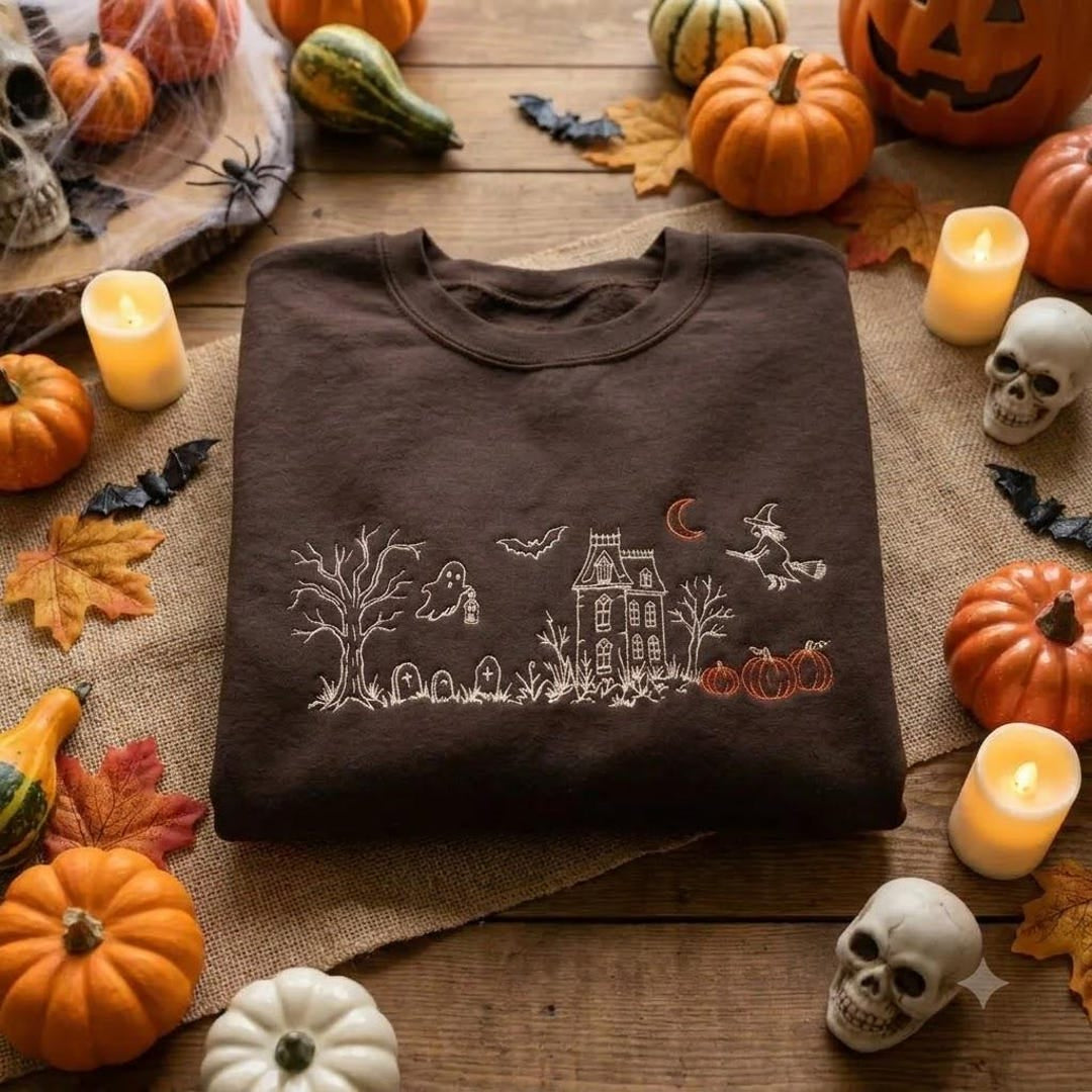 Halloween Haunted House Ghost Witch Bats Pumpkins Spooky Scene Line Art embroidered sweatshirt — front view