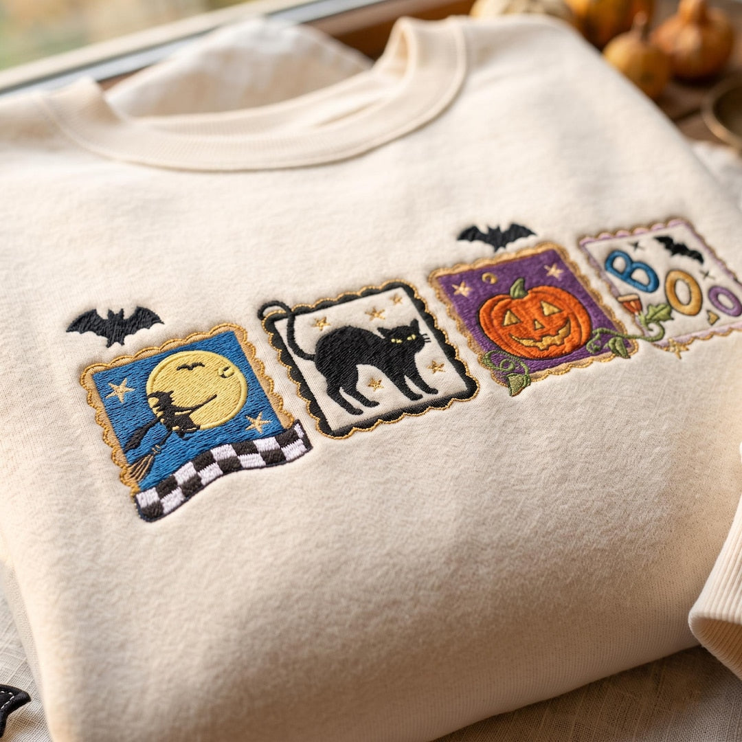 Halloween Retro Stamp Witch Black Cat Pumpkin Boo Bats embroidered sweatshirt — front view