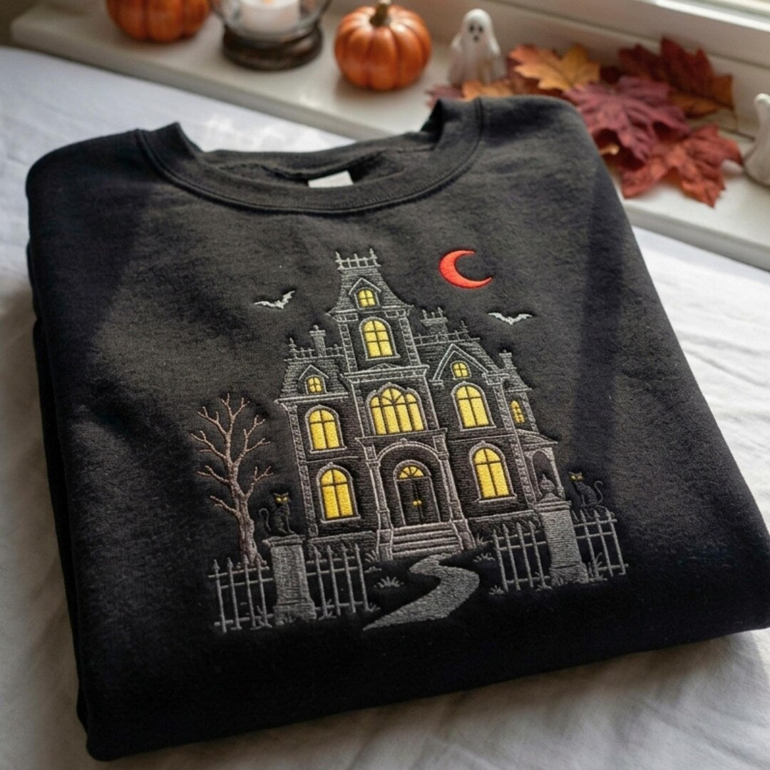 Halloween Haunted House Black Cats Bats Crescent Moon Gothic Spooky embroidered sweatshirt — front view