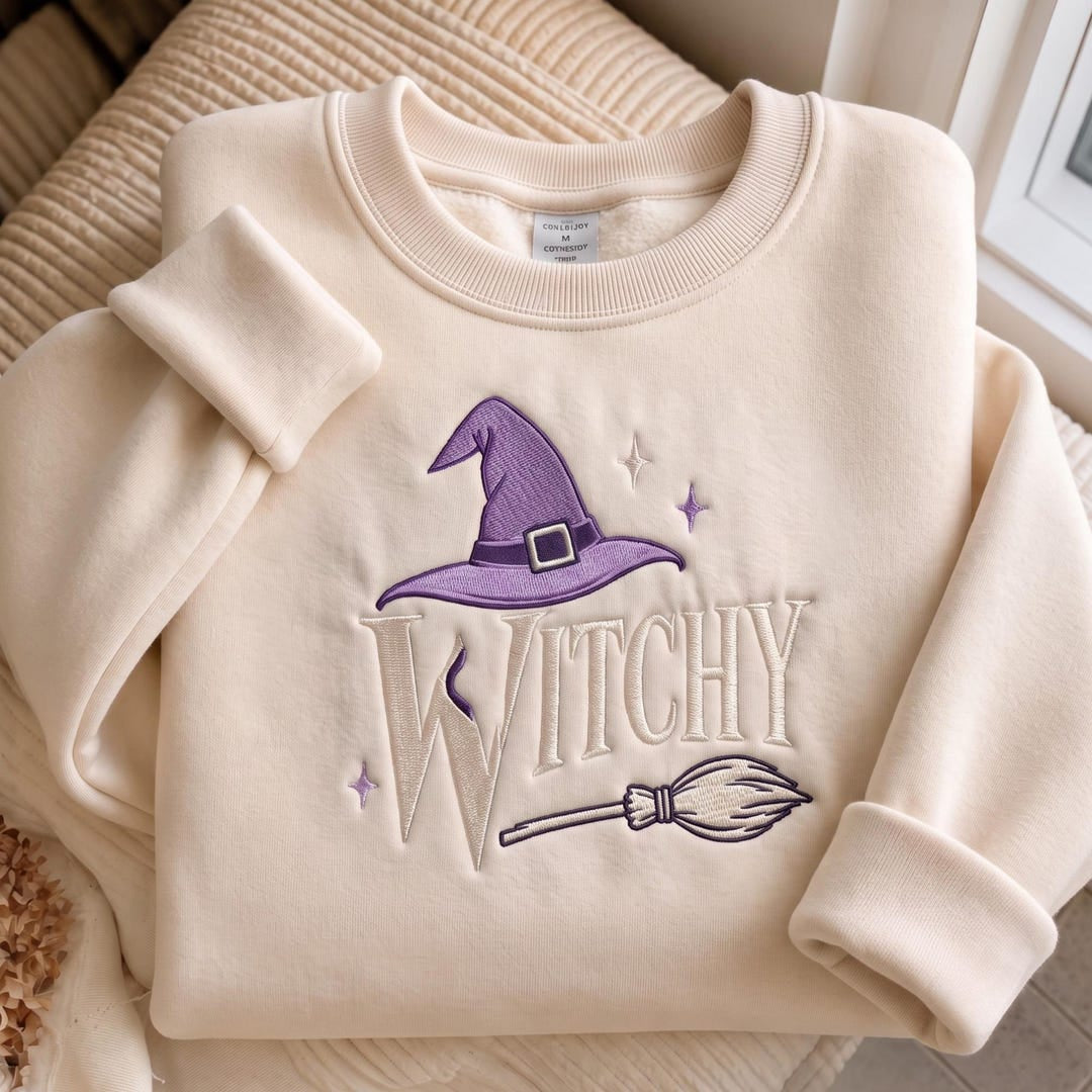 Halloween Witchy Witch Hat Broom Stars embroidered sweatshirt — front view
