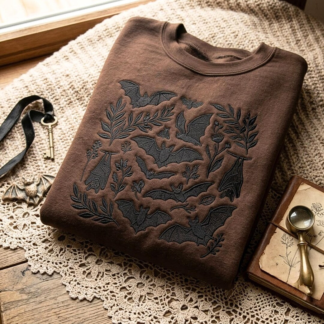 Halloween Bats Botanical Floral Scatter Gothic Cottagecore embroidered sweatshirt — front view