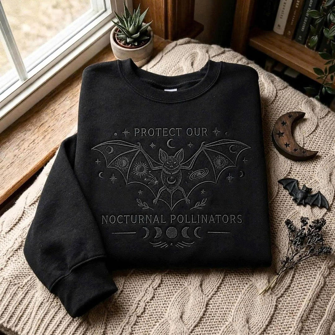 Protect Our Nocturnal Pollinators Celestial Bat Moon Phase embroidered sweatshirt — front view