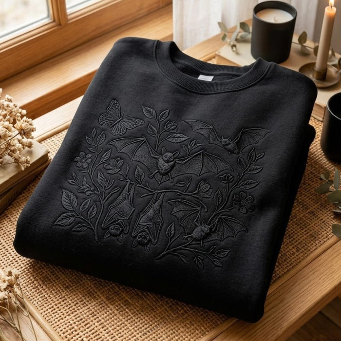 Halloween Bats Botanical Floral Butterfly Gothic Cottagecore Embroidered Sweatshirt