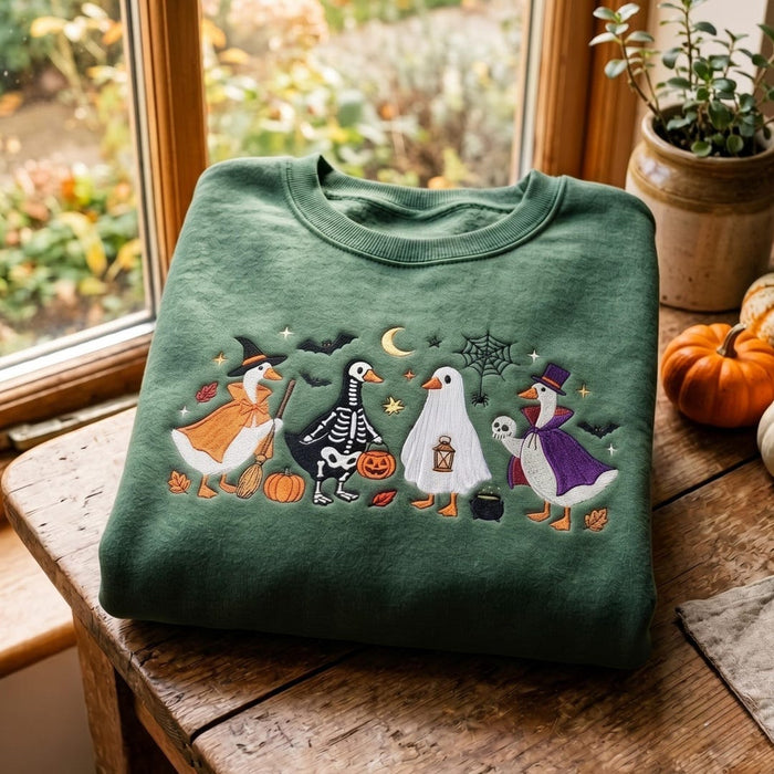 Halloween Four Geese Witch Skeleton Ghost Magician Costumes Spooky Embroidered Sweatshirt