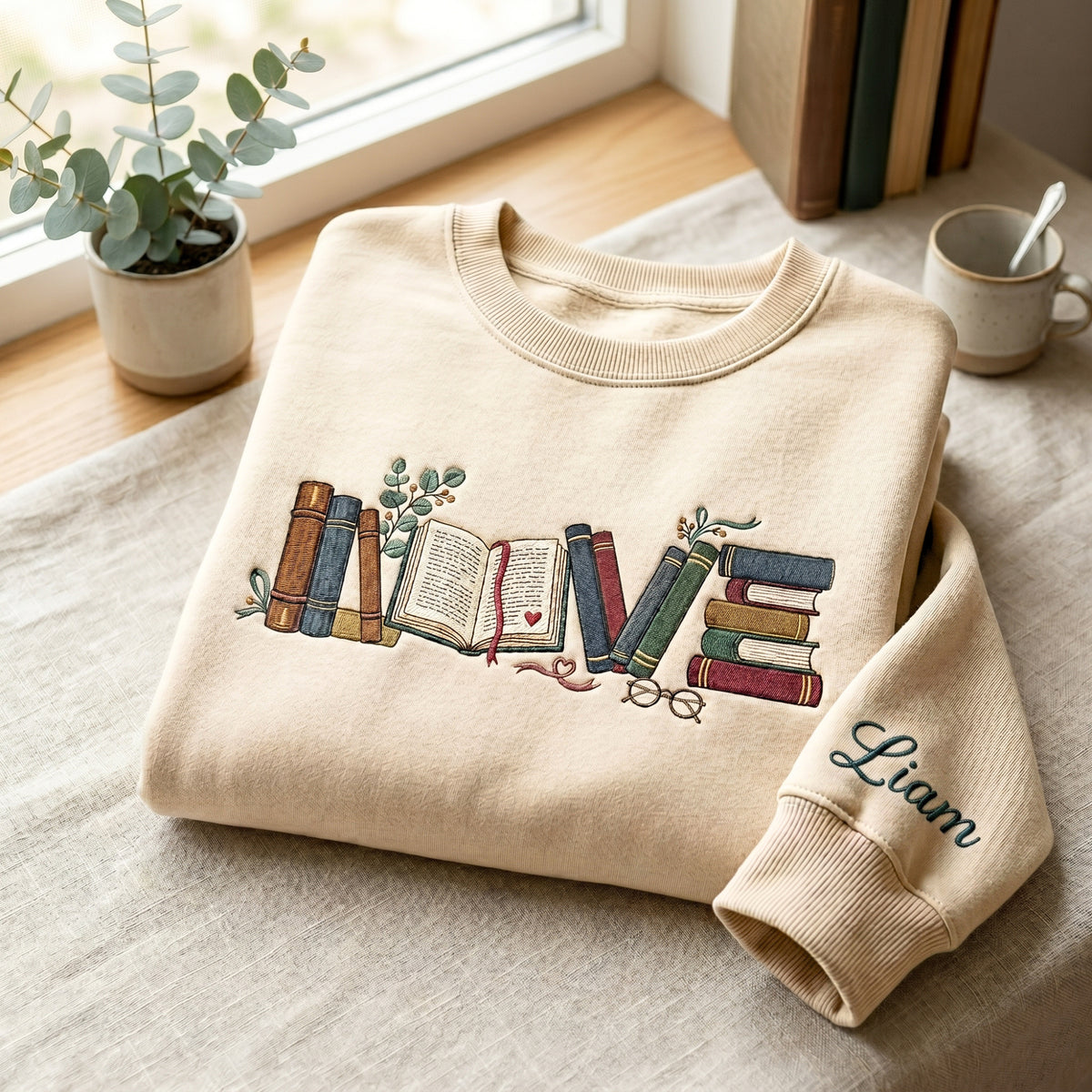 Personalized Love Books Stack Reading Glasses Botanical embroidered sweatshirt — front view