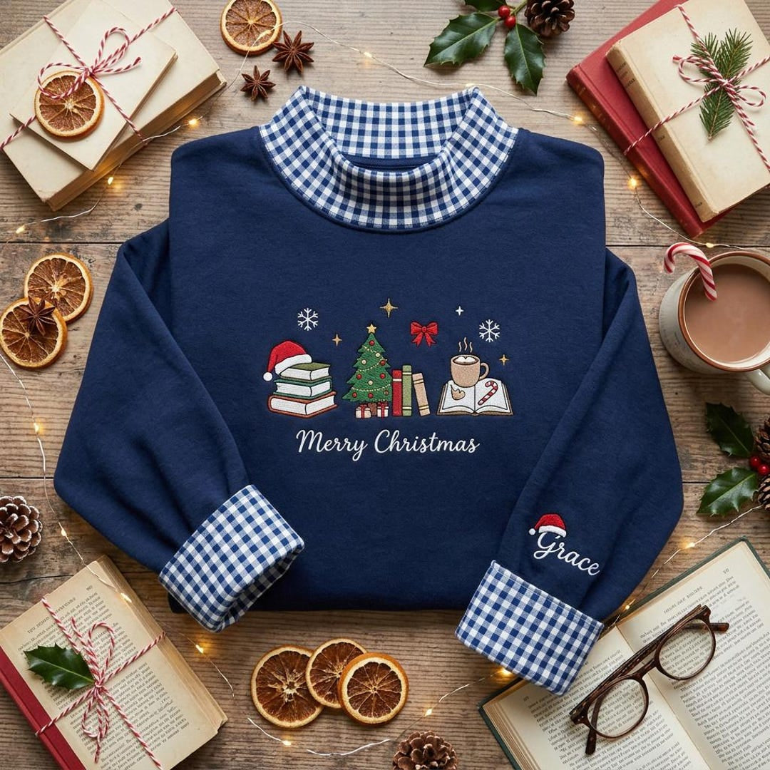 Personalized Christmas Book Lover Santa Hat Tree Cocoa Merry Christmas embroidered sweatshirt — front view
