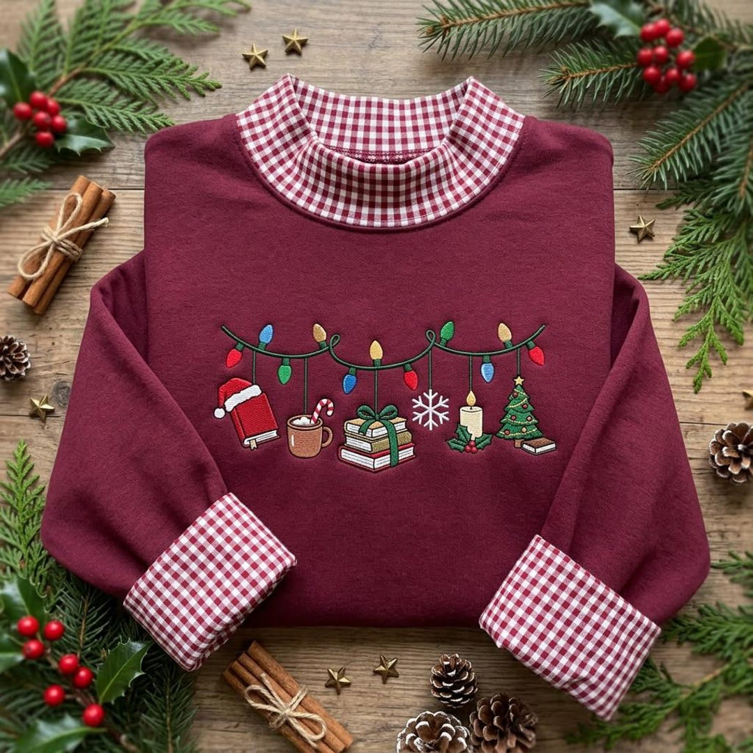 Christmas Book Lover Holiday Reading String Lights Cozy Reader embroidered sweatshirt — front view