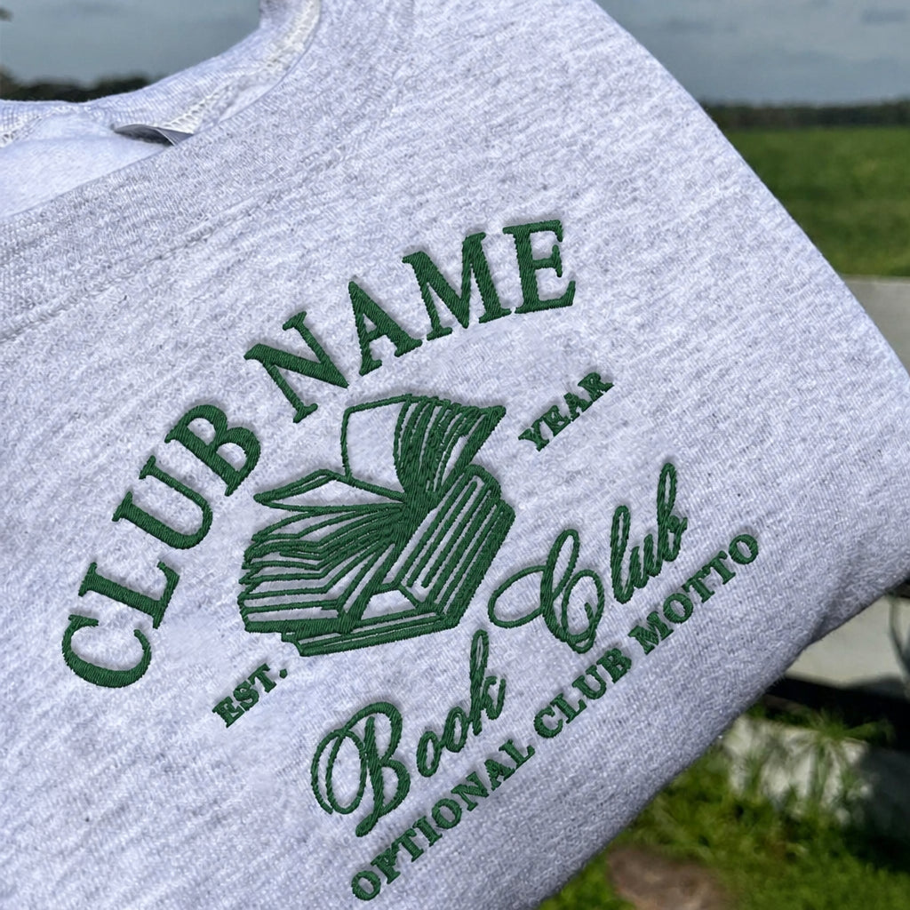 Personalized Book Club Custom Name Year Motto Open Book embroidered sweatshirt — front view