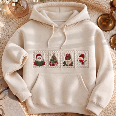 Christmas Stamp Santa Reading Book Snowman Tree Gifts Holiday Embroidered Hoodie