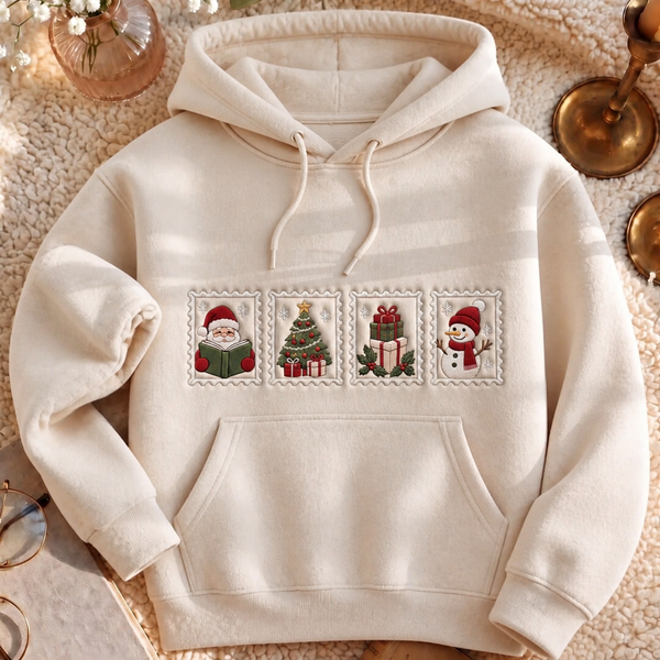 Christmas Stamp Santa Reading Book Snowman Tree Gifts Holiday Embroidered Hoodie