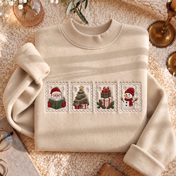 Christmas Stamp Santa Reading Book Snowman Tree Gifts Holiday Embroidered Mock Neck Sweatshirt