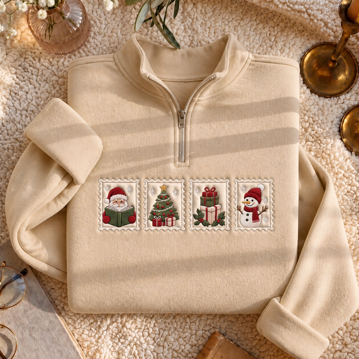Christmas Stamp Santa Reading Book Snowman Tree Gifts Holiday Embroidered Quarter-Zip