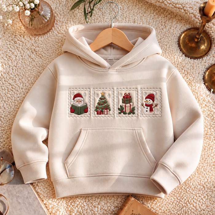 Christmas Stamp Santa Reading Book Snowman Tree Gifts Holiday Embroidered Youth Hoodie