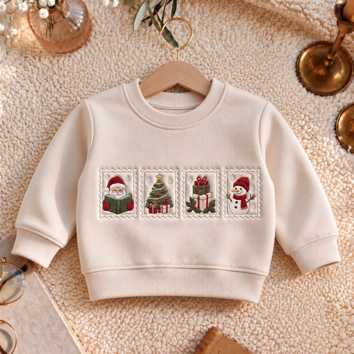 Christmas Stamp Santa Reading Book Snowman Tree Gifts Holiday Embroidered Youth Sweatshirt