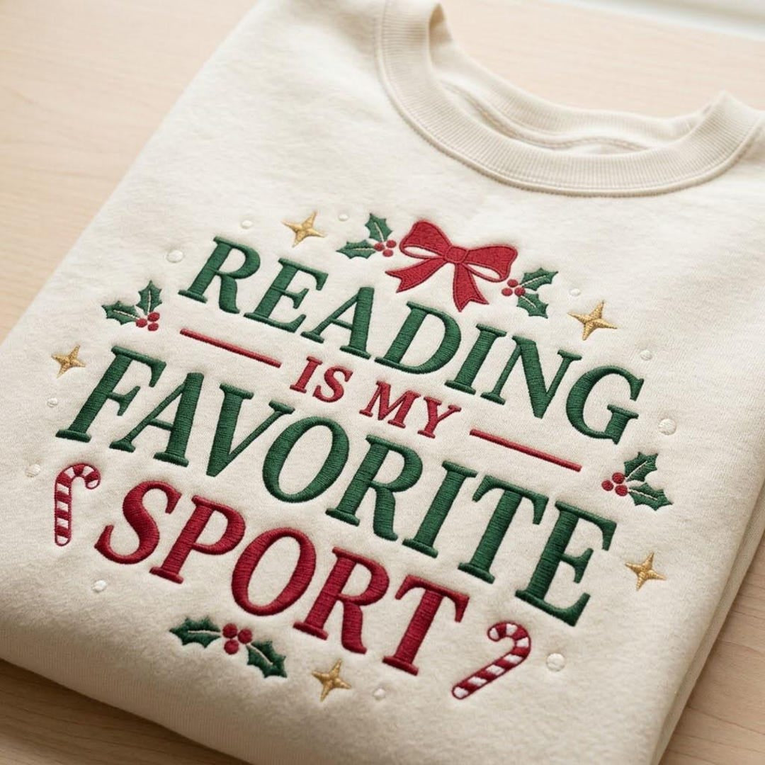 Reading Is My Favorite Sport Christmas Holly Candy Cane Book Lover embroidered sweatshirt — front view