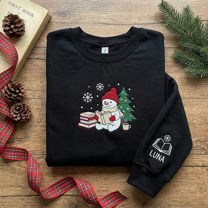 Personalized Christmas Snowman Reading Book Lover Sleeve Name Embroidered Sweatshirt