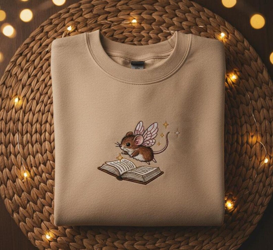 Fairy Mouse Reading Book Whimsical Bookworm embroidered sweatshirt — front view