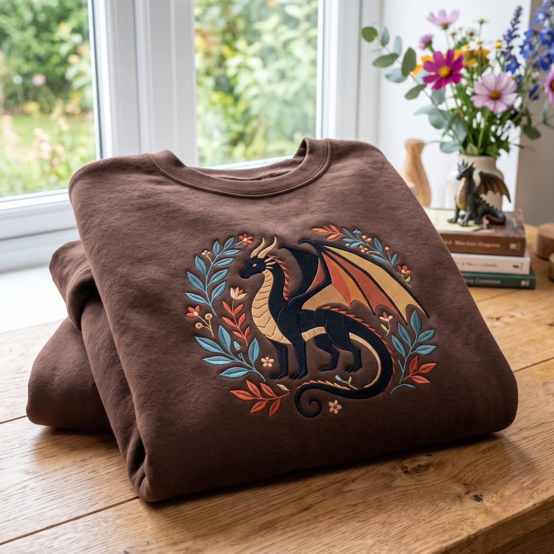 Fantasy Dragon Floral Wreath Cottagecore embroidered sweatshirt — front view
