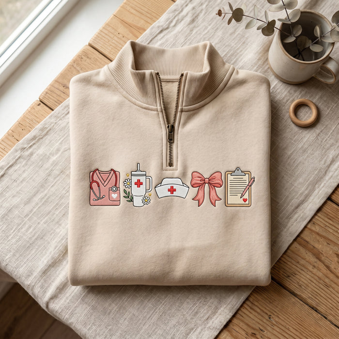 Nurse Scrubs Stethoscope Stanley Cup Nurse Hat Bow Clipboard Coquette Embroidered Quarter-Zip