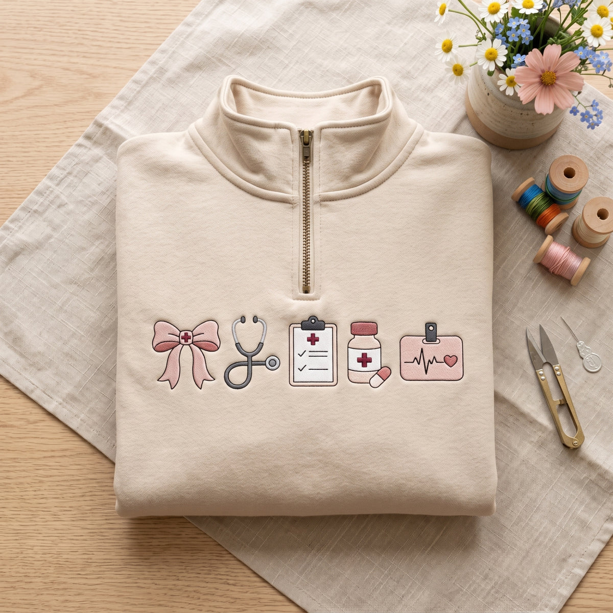 Nurse Coquette Bow Stethoscope Clipboard Medication Ekg embroidered quarter-zip — front view