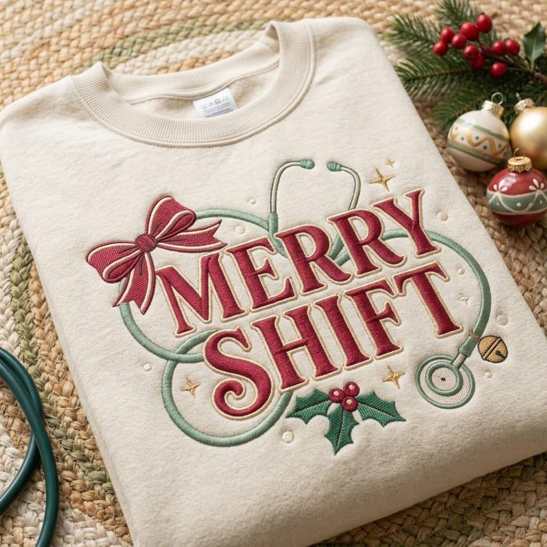 Merry Shift Nurse Stethoscope Christmas Holly Bow embroidered sweatshirt — front view