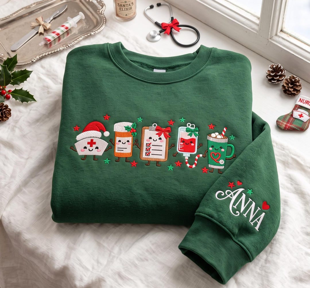 Personalized Christmas Nurse Hat Pill Bottle Clipboard IV Bag Cocoa Cup Holiday embroidered sweatshirt — front view