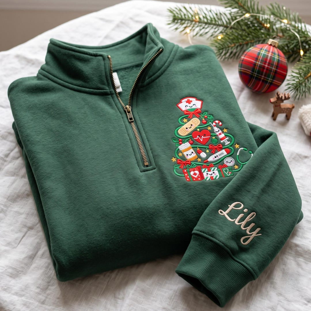 Personalized Nurse Medical Christmas Tree Stethoscope Healthcare Holiday embroidered sweatshirt — front view