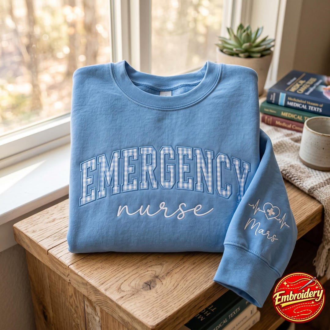 Personalized Emergency Nurse Applique University Style Heartbeat embroidered hoodie — front view
