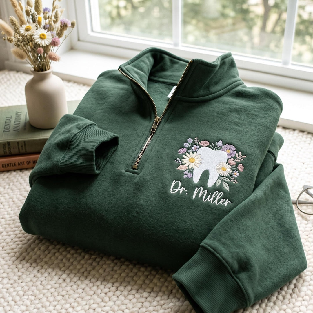 Personalized Dentist Floral Wildflower Tooth Custom Name embroidered sweatshirt — front view