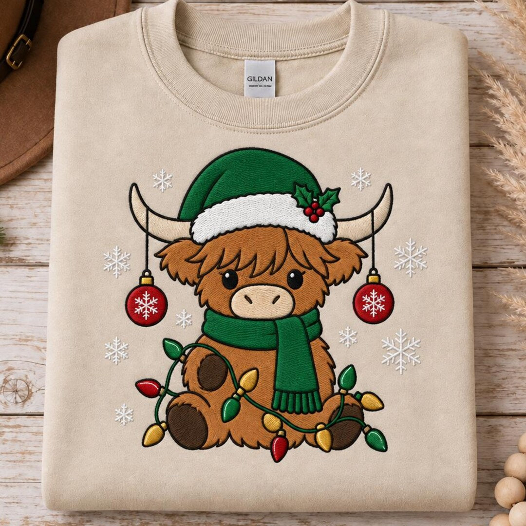 Christmas Highland Cow Santa Hat Scarf String Lights Snowflakes embroidered sweatshirt — front view