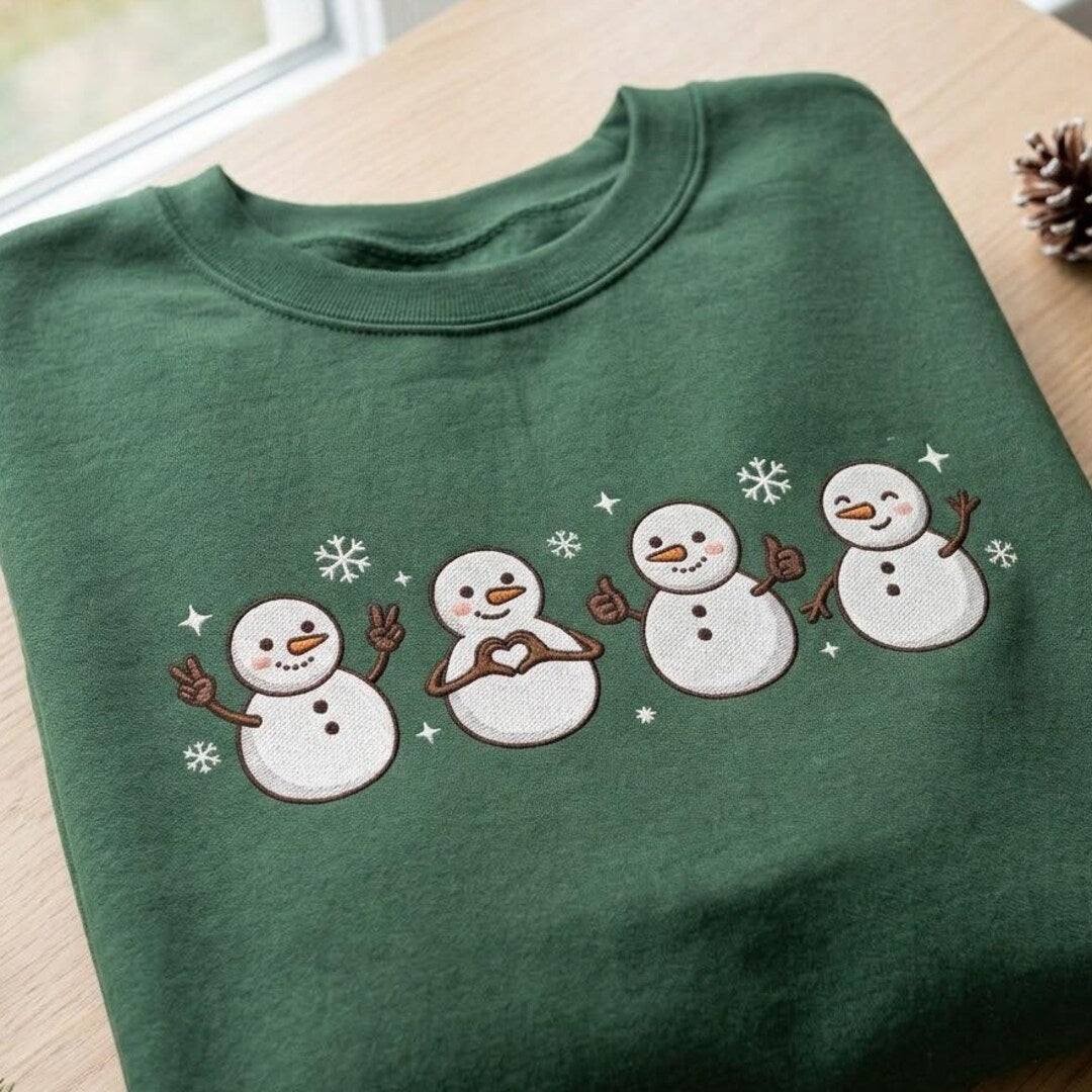 Four Cute Snowmen Peace Heart Thumbs Up Winter Holiday embroidered sweatshirt — front view