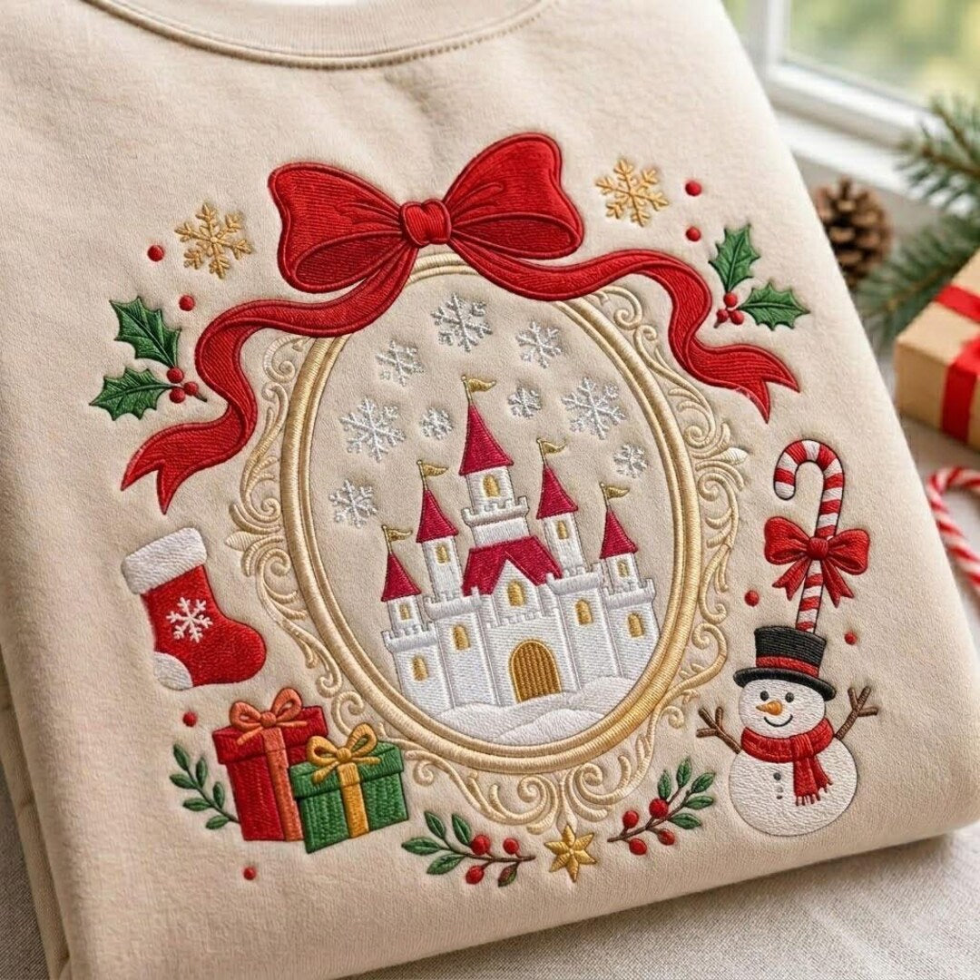 Christmas Magical Castle Snow Globe Bow Snowman Holly Gifts embroidered sweatshirt — front view