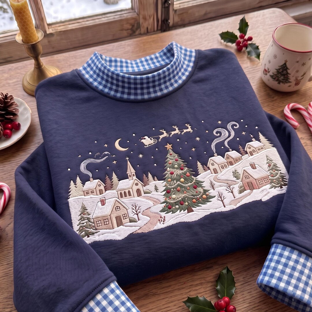Christmas Winter Village Santa Sleigh Reindeer Snowy Town Christmas Tree embroidered sweatshirt — front view