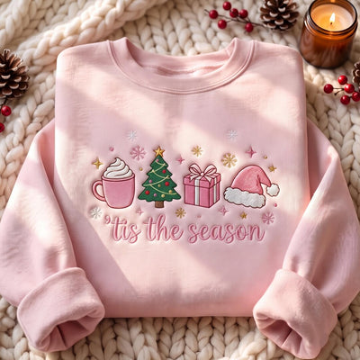 Tis the Season Christmas Tree Latte Gift Santa Hat Snowflakes Pink embroidered sweatshirt — front view