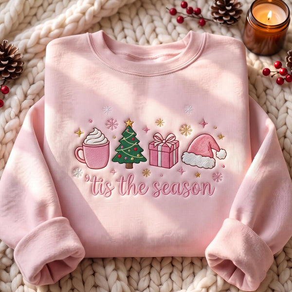 Tis the Season Christmas Tree Latte Gift Santa Hat Snowflakes Pink embroidered sweatshirt — front view