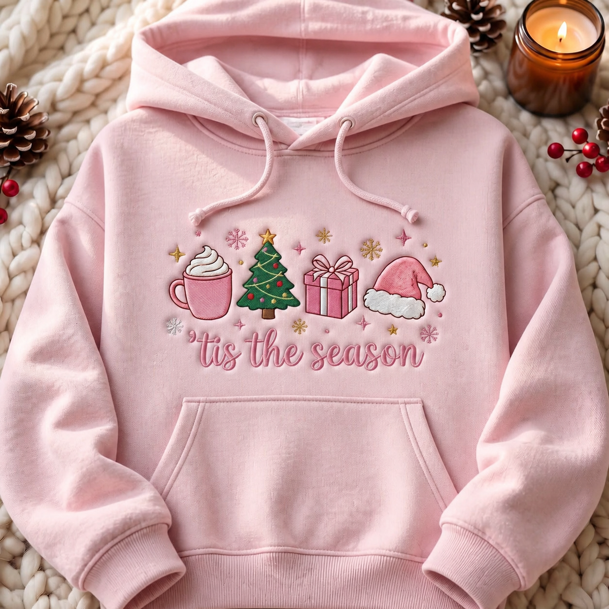 Tis the Season Christmas Tree Latte Gift Santa Hat Snowflakes Pink Embroidered Hoodie