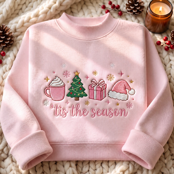 Tis the Season Christmas Tree Latte Gift Santa Hat Snowflakes Pink Embroidered Mock Neck Sweatshirt