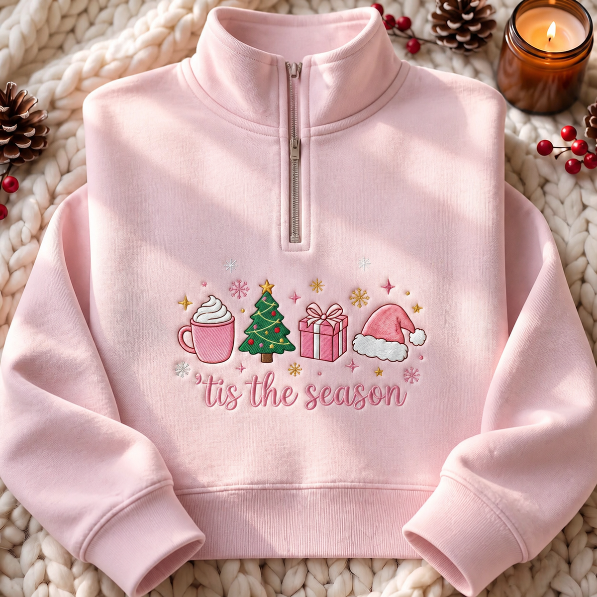 Tis the Season Christmas Tree Latte Gift Santa Hat Snowflakes Pink Embroidered Quarter-Zip