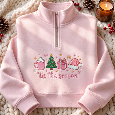 Tis the Season Christmas Tree Latte Gift Santa Hat Snowflakes Pink Embroidered Quarter-Zip