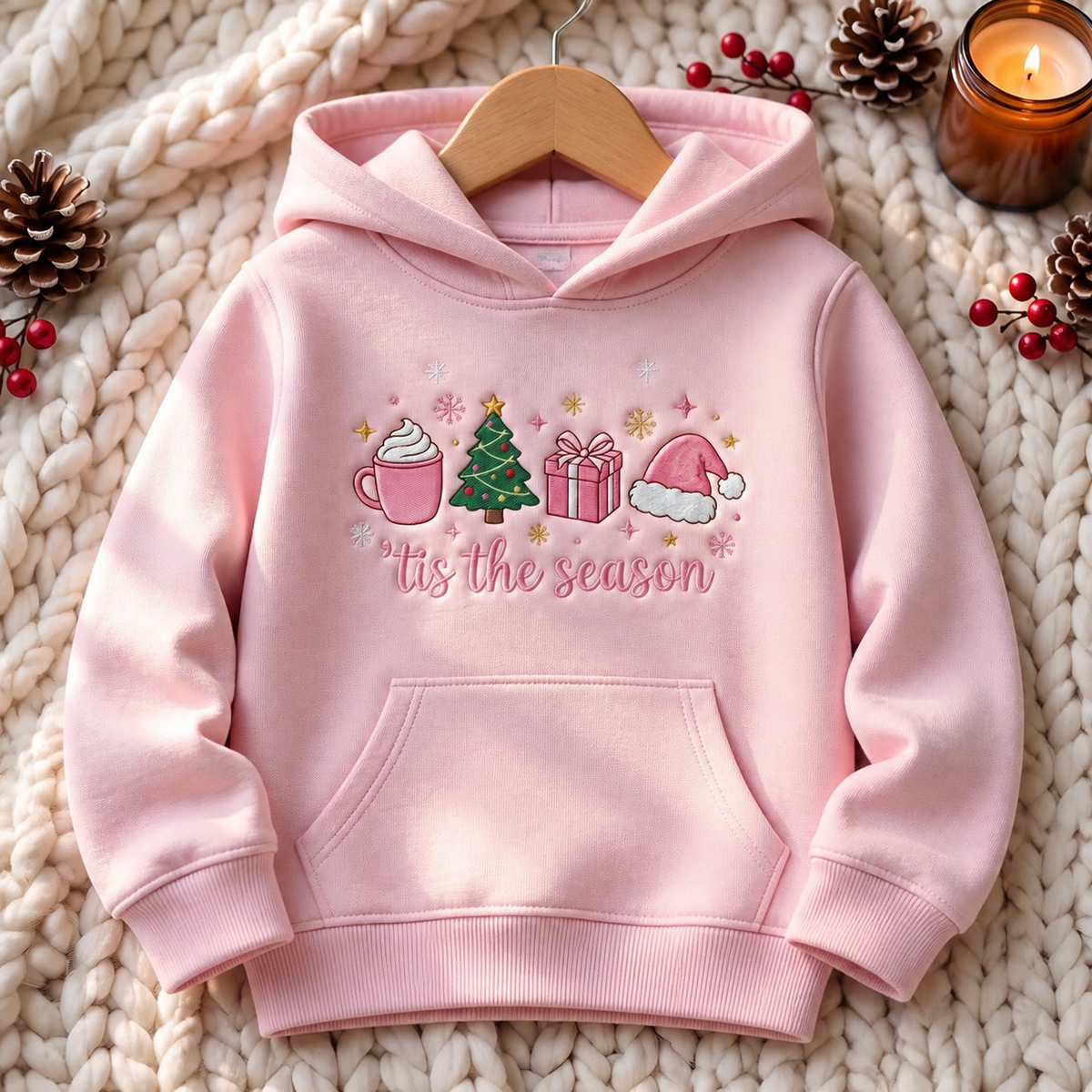 Tis the Season Christmas Tree Latte Gift Santa Hat Snowflakes Pink Embroidered Youth Hoodie