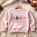Tis the Season Christmas Tree Latte Gift Santa Hat Snowflakes Pink Embroidered Youth Sweatshirt